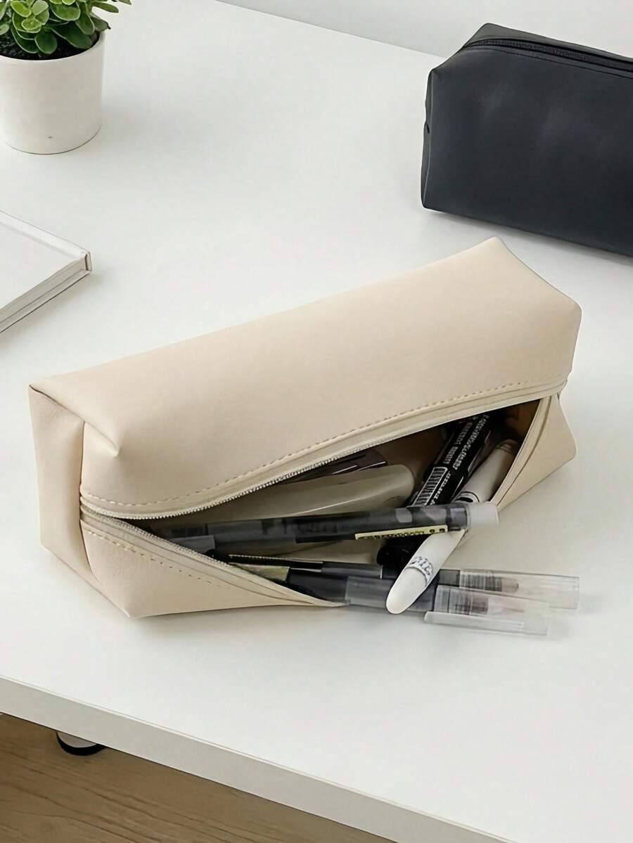 Haus Hana 返校季 1 件立体皮革简约铅笔盒男女通用化妆刷收纳袋拉链文具可折叠便捷 PU 化妆文具铅笔笔收纳袋礼物