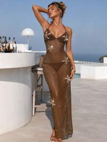 Women's Brown Y2K Sheer Glitter Mesh Halter Backless Swimsuit Style Slim Fit Maxi Dress, Sleeveless Summer Autumn Beach Resort Party Cruise Long Dress - View 10