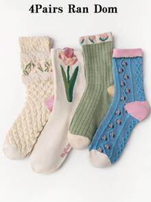1/4 Pairs Multi-Color All-Season Moisture-Wicking Breathable Soft Skin-Friendly Odor-Resistant Tulip Forest Floral Mid-Calf Socks - Multicolor - View 6
