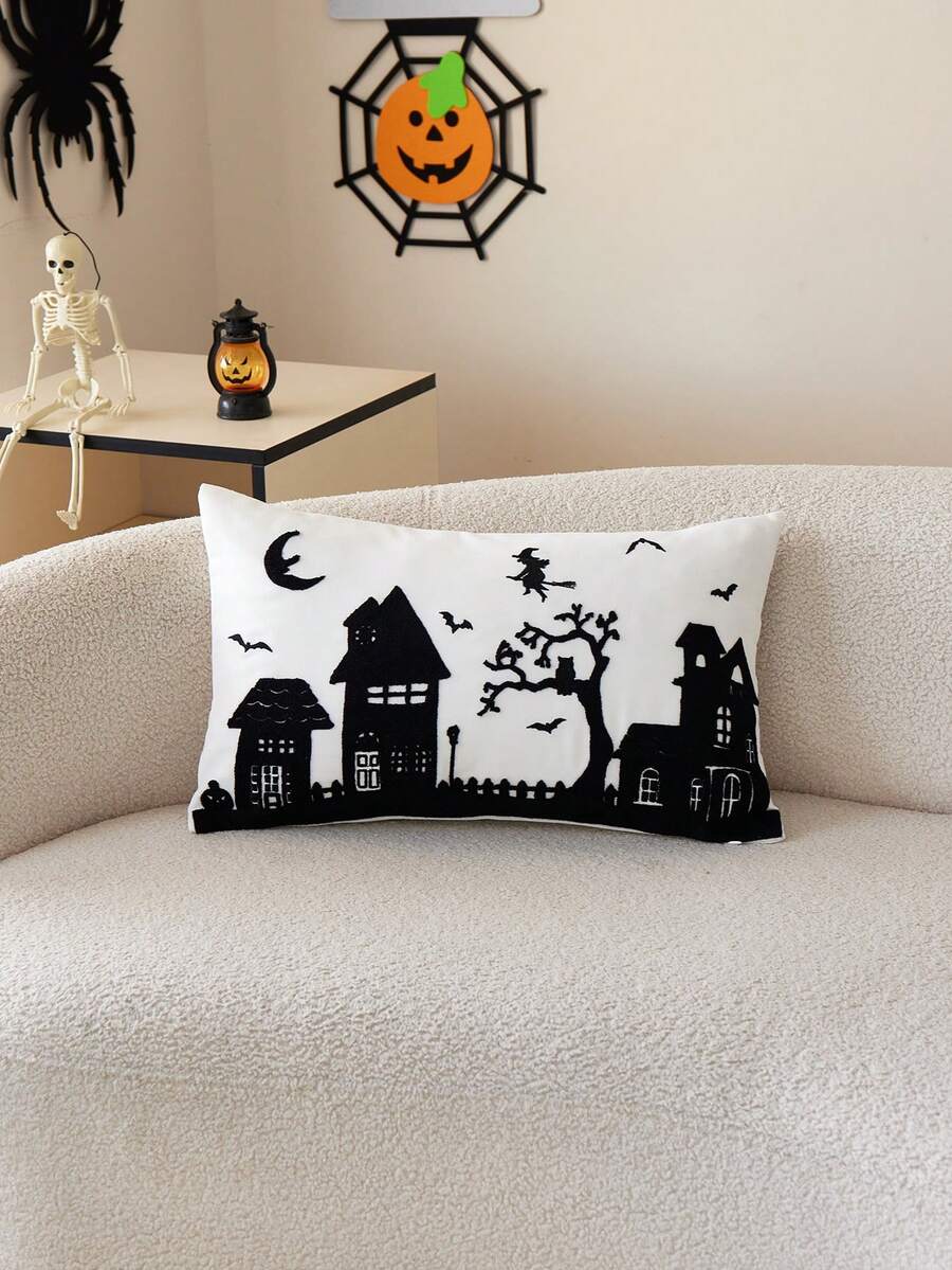 1件萬聖節鬼屋刺繡枕套，適合室內裝飾，萬聖節裝飾，四季通用枕套，不含枕芯