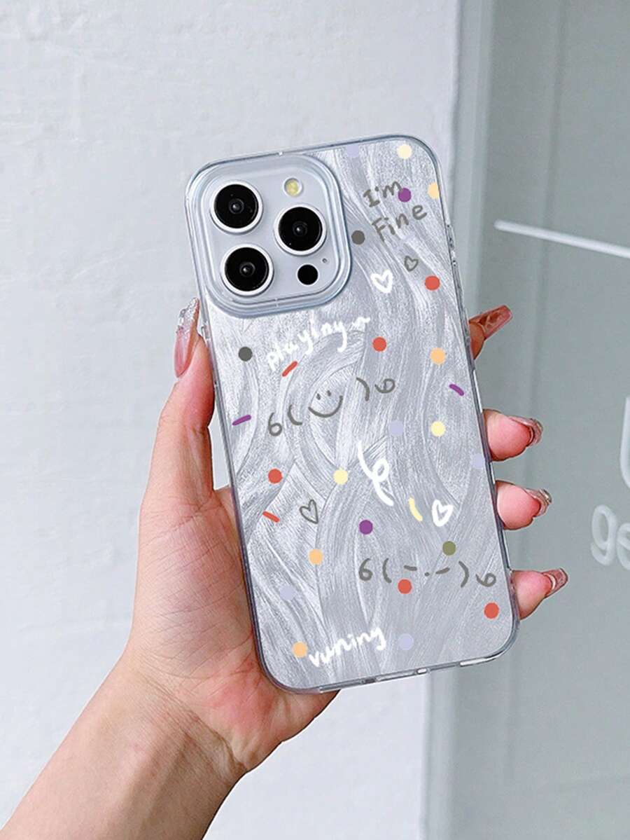 1 Piece Korean-Style Hand-Drawn Cute Polka Dot Phone Case, Minimalist And Versatile Protective Cover Compatible With Apple 11/12/13/14/15/16/17 Pro Max - Silver - View 1