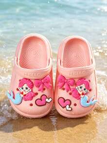 Tamancos de Desenho Animado de Sereia para Meninas com Encantos de Laço e Coração, Chinelos Fechados de EVA Leves e Respiráveis para Praia, Verão e Uso Externo - Rosa chiclete - Visão 1