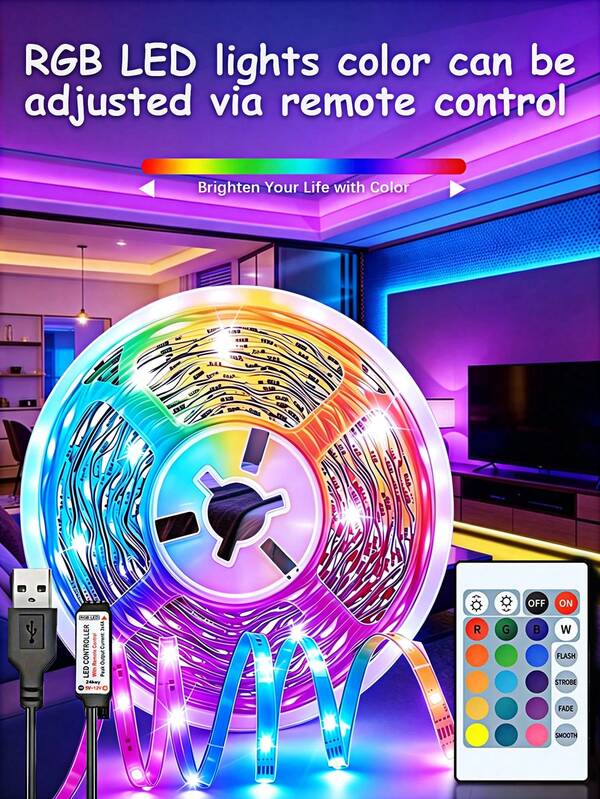 Smart LED Light Strip With 24-Key Remote Control, Flexible Light Bar, Multiple Lighting Mode Adjustment, Adjustable Color And Brightness, Suitable For Bedroom, Living Room, Party And Stage Decoration (3.28FT/1M Size Is Short, Please Choose According To Your Actual Needs When Purchasing, The Built-In Adhesive Cannot Be Attached To Rough Walls, Please Be Careful When Pasting!)