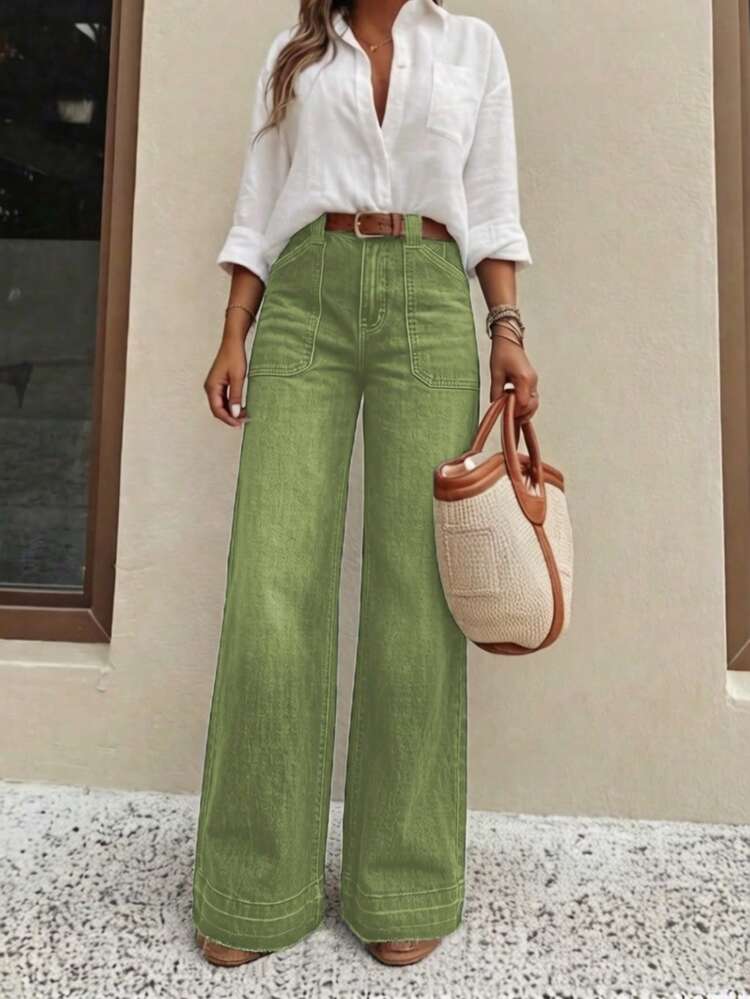 New Women's Denim Wide Leg Pants, High-Quality Fashion Casual Pants, Comfortable Fit Suitable For All Seasons, Fashionable Daily Wear - Bean Green - View 2