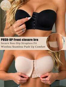 2pcs Bra Bandeau Push-Up Penutup Depan Wanita, Anti Selip Tanpa Jahitan Bernapas Nyaman Tanpa Kawat Penyangga Tebal Bantalan Tube Top - MultiWarna - View 3