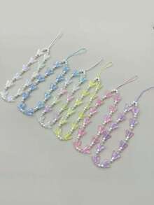 1pc Fashionable Exquisite Pearl Butterfly Beaded Candy Color Phone Lanyard Anti-Loss Pendant Phone Chain Versatile - Multicolor - View 1