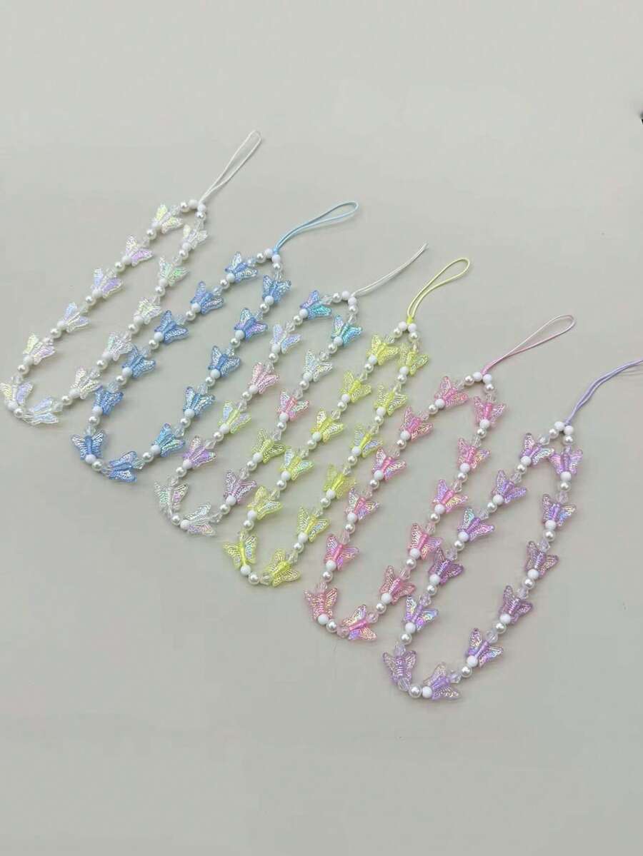1pc Fashionable Exquisite Pearl Butterfly Beaded Candy Color Phone Lanyard Anti-Loss Pendant Phone Chain Versatile - Multicolor - View 1