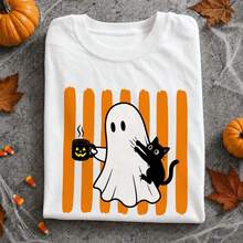 Ghost & Black Cat Halloween Shirt,  Autumn Tshirt, Funny Striped Spooky Season Tee, Ghost Coffee Lover Fall Outfit LLKV - White - View 7