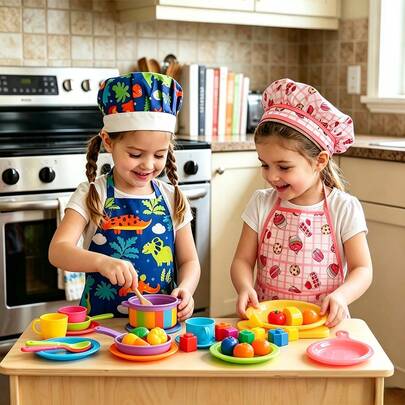 4pcs Kids Chef Role Play Set, Pink Apron With Cartoon Dinosaur For Girls Housekeeping Kitchen Games, Includes Hat, Gloves, Heat-Resistant Pad (Random Pattern And Color)