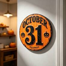 1pc Orange & Black Vintage October 31 Halloween Round Wooden Sign, 3D Number Pumpkin Door Decor, Fireplace & Cafe Atmosphere Hanging Ornament, Daily Decoration And Halloween Gift - Multicolor - View 4