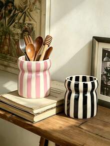 1pc Striped Ceramic Storage Jar, Utensil Holder, Cutlery Caddy With Multi-Color Striped Pattern, Suitable For Kitchen Storage, Tableware Organization, Home Decor, Back To School Supplies, Holiday Gifts - View 2