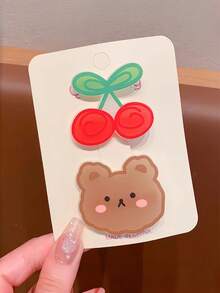 2pcs Cute Cartoon Fruit & Animal Hair Clips, Suitable For Girls Children, Cute Rabbit, Bear, Strawberry, Cherry Shaped Children Hair Accessories, Daily Hairstyle Accessories - Multicolor - View 3