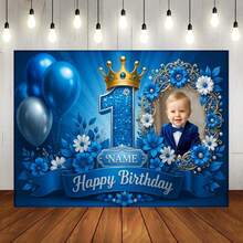 Customizable Name Photo 1st Birthday Backdrop With Pink And Blue Balloons, Flowers, Gold Glitter, Crown, Hearts, Bows, And Ribbons, 1st Birthday Parties, Baby Showers, Birthday Gifts, Cake Table Backdrop, Photo Banner, Vinyl, Celebration Decor - Multicolor - View 15