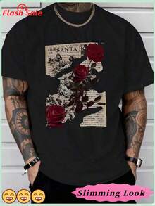 Christmas T-Shirt, Single Piece, 100%, Printed With A Rose Newspaper Pattern, Casual T-Shirt For Men, A Popular Item This Season.,Black Short-S - Black - View 1