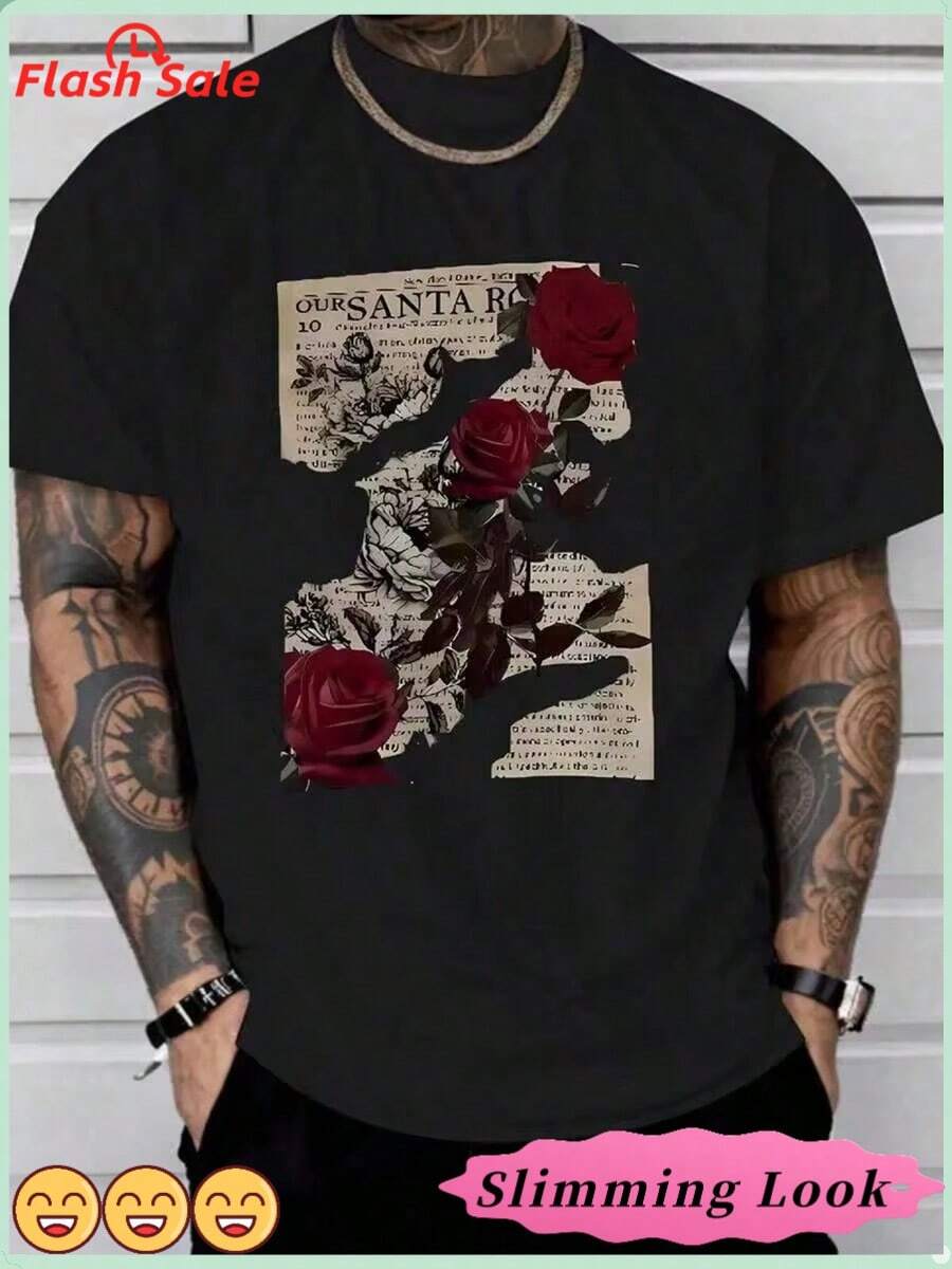 Christmas T-Shirt, Single Piece, 100%, Printed With A Rose Newspaper Pattern, Casual T-Shirt For Men, A Popular Item This Season.,Black Short-S - Black - View 1