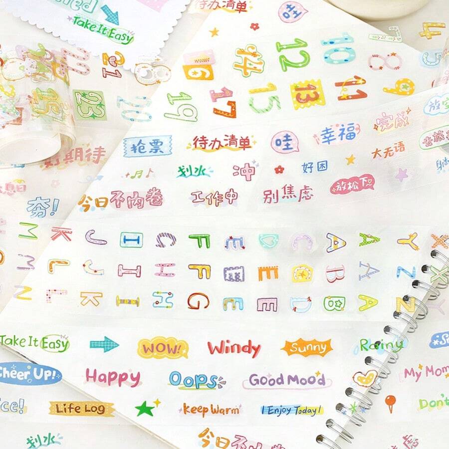 1 Roll Die-Cut PET Tape, Colorful Fun Letter Collection Series Ins Style Fresh Hand-Drawn Letter & Number Stickers, Transparent Waterproof Self-Adhesive, Suitable For Scrapbooking, Diary Decoration, Photo Album DIY, Gift Cards, Guka Scene Making, Student Note Annotation, Schedule Planning, Creative Decoration, Gift Wrapping And More Versatile Scenarios - 1 Roll - View 1