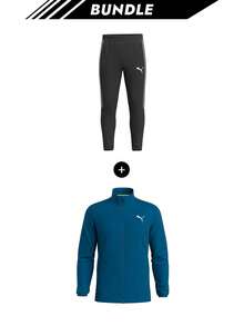 Puma [حزمة] بنطال رياضي رجالي Fundamentals Evostripe أسود + جاكيت رجالية SUEDE Run Favorite بسحاب كامل أزرق - بلاك + أوشن تروبيك - مشاهدة 1