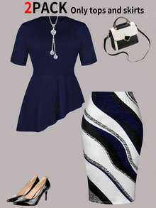 Summer New Plus Size Women Elegant Elegant Solid Color Top And Sexy Bodycon Skirt 2-Piece Set - Royal Blue - View 4