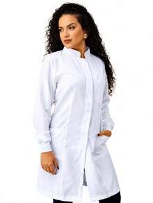 Jaleco Feminino Gabardine Branco, Botão Embutido, Gola Padre, Elástico Punho, Acinturado, Manga Longa - Gabardine - Branco - Visão 6