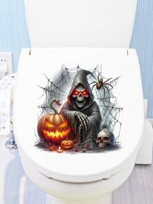 1pc Halloween Pumpkin Elf Horror Toilet Sticker, PVC Removable Halloween Ghost Wall Decal, Holiday Home Party Bat Spider Web Self-Adhesive Wall Sticker - 33342- Ghost 02 - View 4