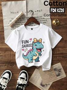 Summer/Autumn Cotton Short-Sleeved T-Shirt For Girls, Featuring A Cute Cartoon Blue And Green Dinosaur Print, In A Sweet And Charming Style - White - View 1