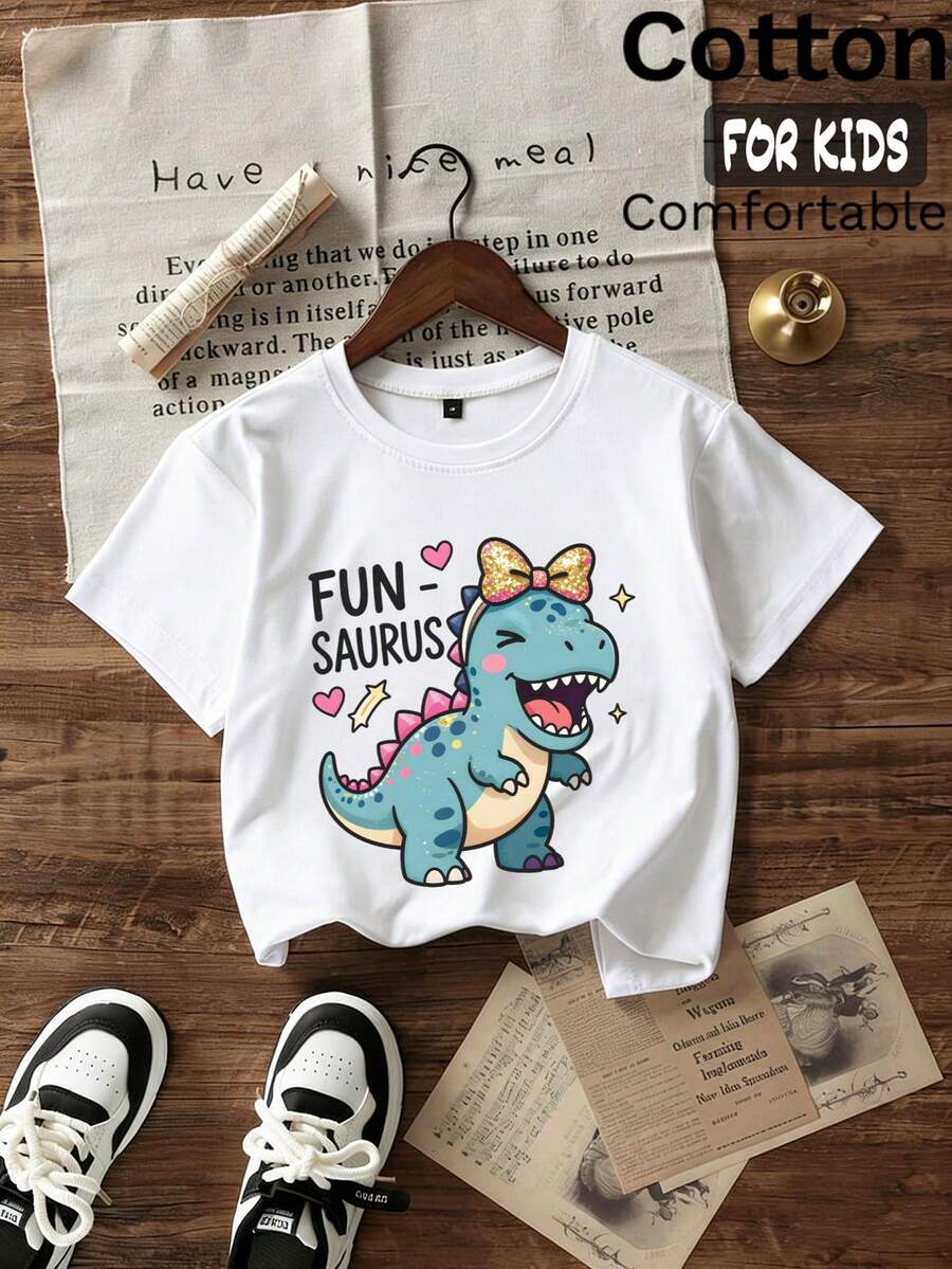 Summer/Autumn Cotton Short-Sleeved T-Shirt For Girls, Featuring A Cute Cartoon Blue And Green Dinosaur Print, In A Sweet And Charming Style - White - View 1