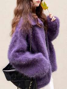 Women's Autumn/Winter Casual Minimalist Loose Slimming Fuzzy Zip-Up Knit Cardigan Sweater Jacket Fall - Purple - View 1