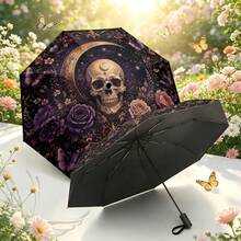 2D Printed Skull, Floral, Butterfly, Star & Moon Pattern Automatic Folding Umbrella, Internal Or External Print Option, UV Protection Sunshade, Portable Sun Umbrella For Daily Commute, Outdoor Travel, Photography, Vintage Dark Style Personalized Design, Suitable As Holiday Gift - Multicolor - View 5