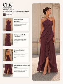 Burdeos:Vestido Maxi de Invitada de Boda con Fruncido y Volantes de Cuello Halter en Color Burdeos - Burdeos - Ver 4