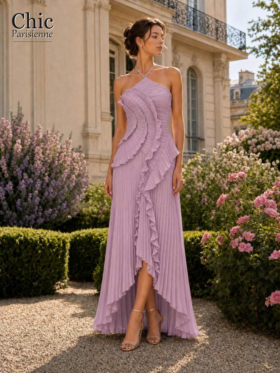 Blush Pink:Blush Pink Ruched Halter Asymmetrical Hem Long Dress - 粉紅色 - 查看 1