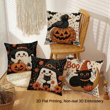 4Pcs 45x45cm Halloween Throw Pillowcase Set, Cartoon Black Cats Spooky Ghost Crow Pumpkin Printed Cushion Cover, 2D Flat Printing, Non-Real 3D Embroidery, Halloween Party Decor, For Sofa Living Room Haunted House Bar Holiday Decor, No Pillow Core - Multicolor - View 6