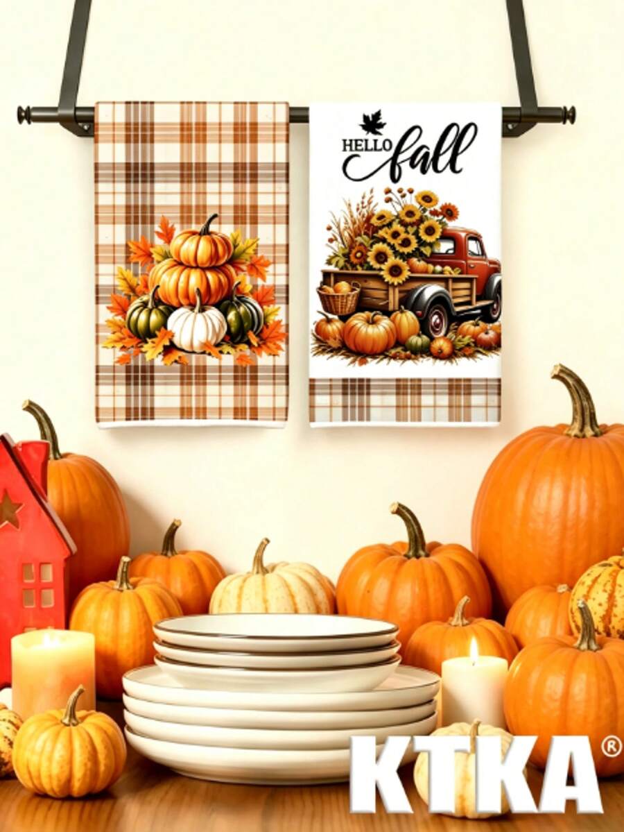 2件組 Hello Fall 感恩節廚房抹布，復古紅卡車、南瓜、向日葵與水牛格紋印花吸水裝飾餐巾，農舍風節日廚房裝飾禮品