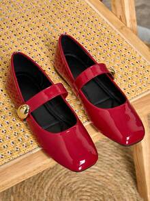 Exclusive Launch: Vintage French Square Toe Mary Jane Flats, Red, Elegant Versatile, Soft Sole, Fashionable Yet Comfortable For All-Day Wear In Summer, New Arrival, Minimalist, Casual Slip-On With Strap, Ideal Gift For Valentine's Day, Mother's Day, Weddings, Parties, Office Wear (Runs Small, Narrow Fit, Suggest Ordering One Size Up) - Red - View 2