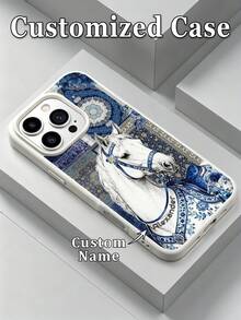 1pc DIY Personalized Name Vintage Blue And White Porcelain White Horse Pattern TPU Faux Leather Texture Phone Case Compatible With IPhone 17/17ProMax/17Air/16ProMax/16E/15/14Plus/13Pro/12/11ProMax/XsMax/ Note 10S/Note 9 4G/Note9Pro/Note 9S/Note 8/13C/12/12C/10A Shockproof Anti-Fingerprint Elegant Gorgeous High-Value, Best Gift For Friends - White - View 1