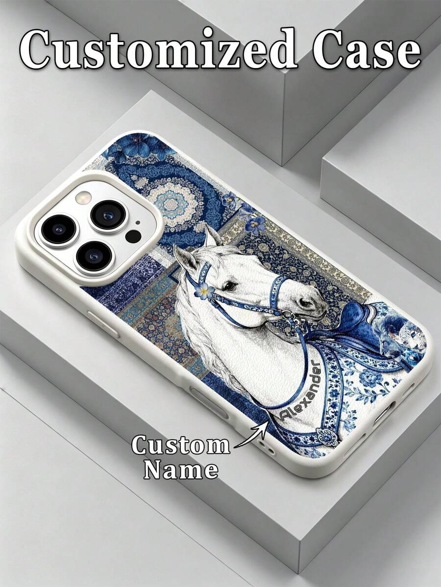 1pc DIY Personalized Name Vintage Blue And White Porcelain White Horse Pattern TPU Faux Leather Texture Phone Case Compatible With IPhone 17/17ProMax/17Air/16ProMax/16E/15/14Plus/13Pro/12/11ProMax/XsMax/ Note 10S/Note 9 4G/Note9Pro/Note 9S/Note 8/13C/12/12C/10A Shockproof Anti-Fingerprint Elegant Gorgeous High-Value, Best Gift For Friends - White - View 1