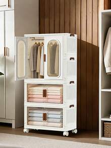 VOOVA 70CM2/3/4-plans fristående modulärt förvaringsskåp med hjul, kombinerbart, bågformad genomskinlig dubbeldörr, dammtät organisatör för neutral stil i vardagsrum, TV-vägg och sortering av småsaker - Visa 9