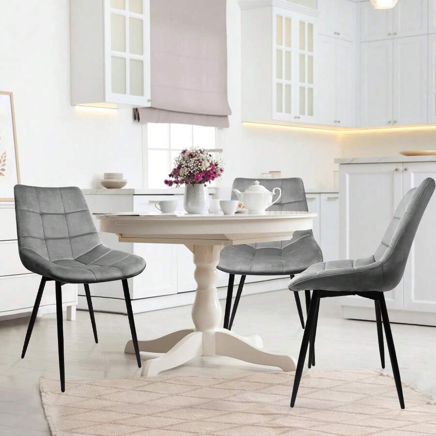 Set mit 2 Esszimmerstühlen aus Samt – gepolsterter Stuhl – Sitz aus Samt – Beine aus Eisen – Rückenlehne mit 9 Fächern – rutschfeste Füße – einfache Montage. Maximale Belastbarkeit: 120 kg - Hellgrau - Übersicht 1