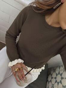 Women's Casual Brown Vintage Round Neck Long Sleeve Colorblock Ruffle Knit Pullover Sweater, Autumn/Winter Back To School Outfit Fall - Brown - View 12