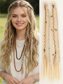 2 Packs Handmade Braided Bohemian 20-Inch Clip-In Hair Extensions, Bohemian Dreadlock Braids, With Everyday Beaded And Delicate Accessories - Multicolor - View 10