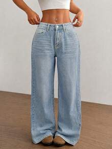 Women's Casual Long Straight Leg Jeans, Non-Stretch Light Wash, With Zipper Detail, Perfect For Creating Vintage Or Y2K Loose Style Fall - Blue - View 3