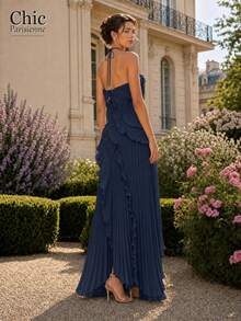 Navy Blue:Navy Blue Pleated Ruffle Halter Formal Evening Dress - 深藍色 - 查看 3
