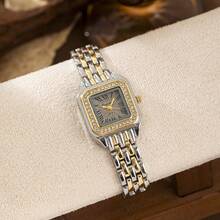 Korean Style Square Watch For Women, Steel Band With Rhinestones, White Dial, Small Dial, Light Luxury, Compact, Elegant, Versatile, Minimalist, Casual, Bracelet Watch, Small Square Watch - Gold - View 4