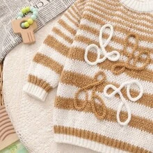 Tween Girls Striped Knit Sweater, Embroidered Front Crew Neck Long Sleeve Pullover, Cute Preppy School Top For Fall Winter - Multicolor - View 6