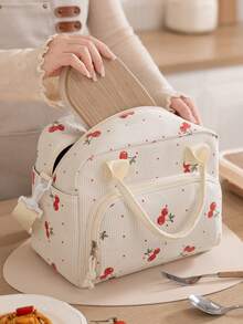 1pc Portable Cherry Pattern Corduroy Insulated Lunch Bag / Large Capacity Insulated Lunch Bag (With Adjustable Shoulder Strap) Waterproof Cold/Heat Retention Bento Bag, Suitable For Work, School, Picnic And Outdoor Camping Back To School Use - Multicolor - View 9