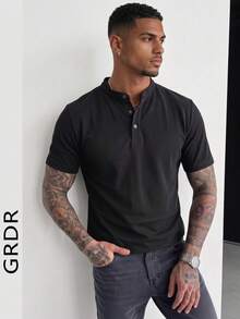 GRDR 男士时尚纯色亨利领短袖T恤 | 精致设计 | 夏季必备 | 百搭易穿 | 展现您的时尚风格 - 黑色 - 查看 2