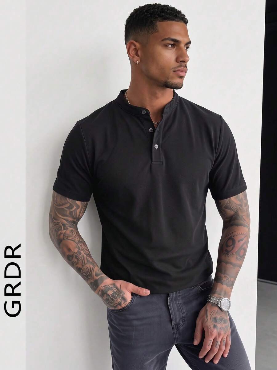 GRDR 男士时尚纯色亨利领短袖T恤 | 精致设计 | 夏季必备 | 百搭易穿 | 展现您的时尚风格