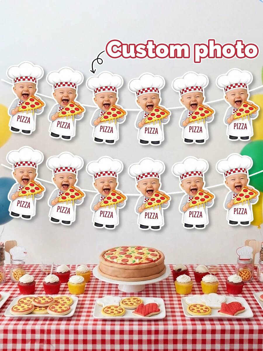 Custom Kid Photo Little Pizza Chef Birthday Banner,One Slice Happy Birthday Decor,Pizza Party Bunting,First Birthday Gift,Nursery Decor,Baby Shower - Multicolor - View 1