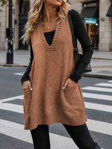 Plus Size Women's Solid Color Dual Pocket Casual Knit Vest For Commuting - Brown - View 4