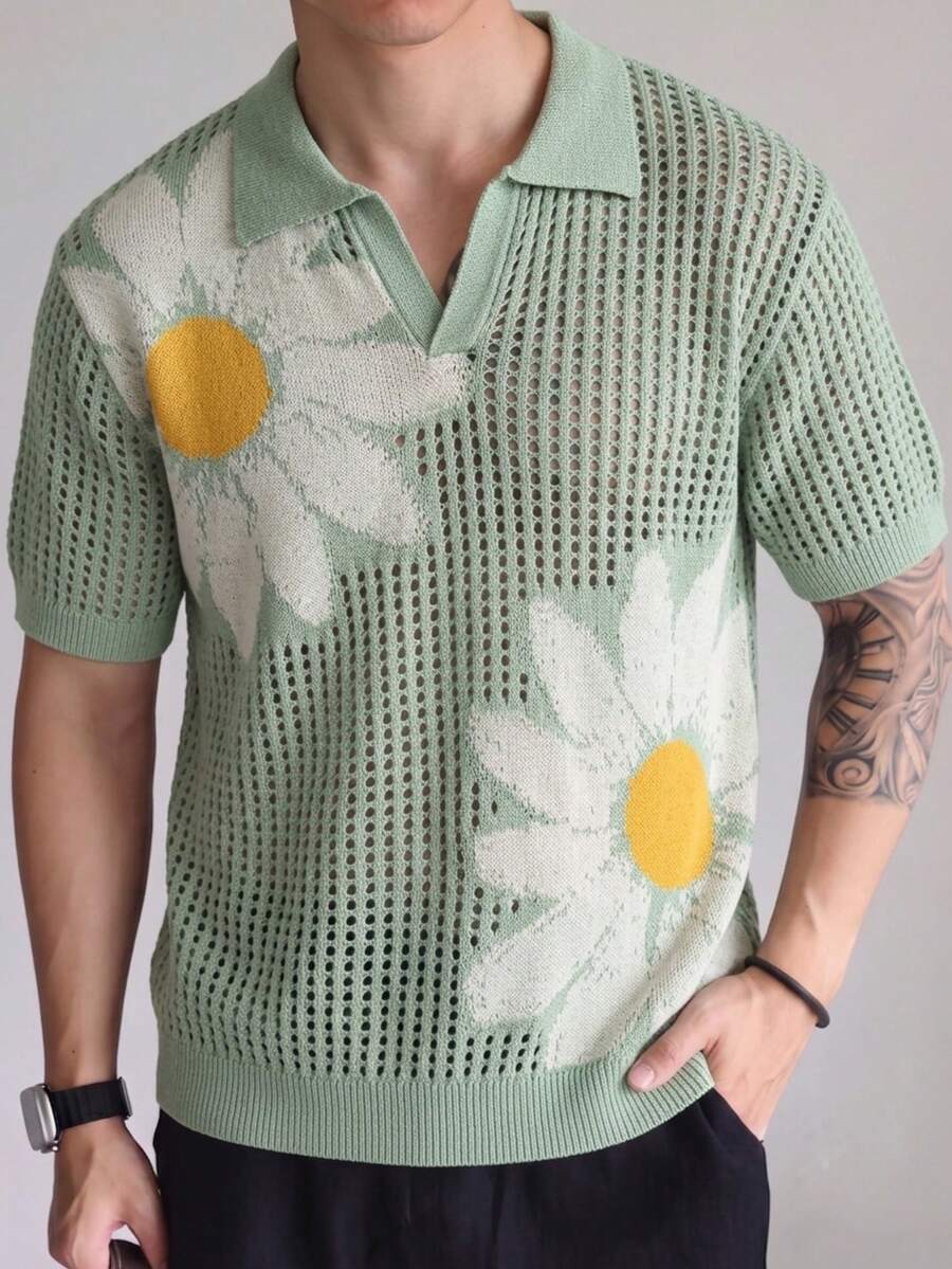 春夏男士中性款雛菊刺繡 Polo 領鏤空網眼舒適休閒度假街頭通勤 V 領百搭短袖針織上衣 綠色開學季毛衣 - 綠色 - 查看 1