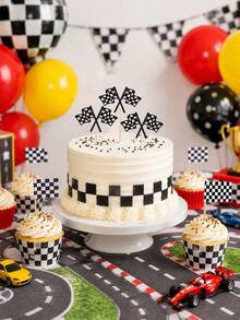 44pcs-Checkered Racing Glitter Double Flag And Checkered Cupcake Toppers; Black Glitter Racing Finish Line Checkered Flag Cupcake Toppers, Checkered Racing Flag Toothpicks, Suitable For Racing Flag Theme Baptism Party Cup Decoration, Racing Birthday Party Decoration, Sports Theme Event Checkered Flag Decoration - Multicolor - View 9